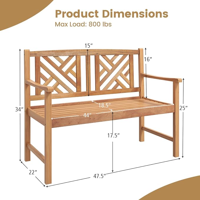 Bench for Two: Acacia Wood Loveseat, Teak Finish, Curved Armrests