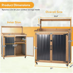 Potting Bench Table & Outdoor Storage Cabinet with Lockable Wheels, Adjustable Shelves, Mobile Waterproof Metal Top Workstation for Garden Patio BBQ Organization, Magnetic Latch & Edge Guard