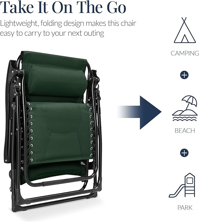 Best Choice Products Oversized Padded Zero Gravity Chair, Folding Outdoor Patio Recliner, XL Anti Gravity Lounger for Backyard w/Headrest, Cup Holder, Side Tray, Polyester Mesh - Forest Green
