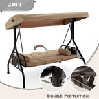 HOMREST 3 Seat Outdoor Porch Swing with Adjustable Canopy, Convertible Patio Swing Bed with Stand, Patio Glider Swing with Upgraded Cup Holder, Thicken Cushions ＆ Pillow for Backyard (Brown)