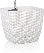 Dexceder 11x10 Self Watering Planter Indoor Outdoor, Inner Mat Design, Thickened Table Flower Plant Pot with Water Level Indicator (Ivory White Rattan)