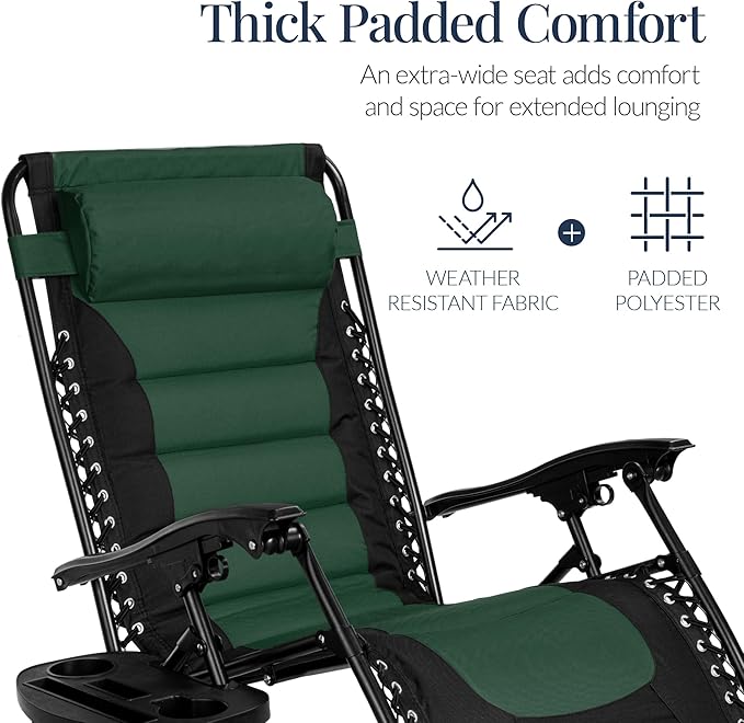 Best Choice Products Oversized Padded Zero Gravity Chair, Folding Outdoor Patio Recliner, XL Anti Gravity Lounger for Backyard w/Headrest, Cup Holder, Side Tray, Polyester Mesh - Forest Green