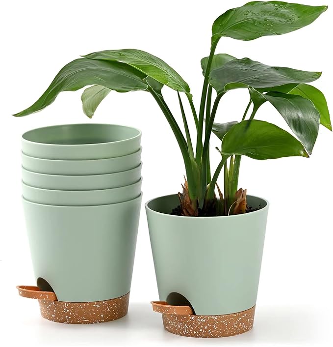 Plant Pots 6 PCS 5 inch Self Watering Planters High Drainage Flowers Pot for Indoor Outdoor Plants with Reservoir Tray and Watering Lip Gardening Planter Garden Flower Pots, Green