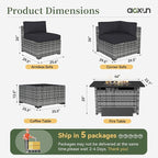 Aoxun 15 Piece Patio Furniture Set with Fire Pit Table Wicker Rattan Outdoor Sectional Sofa Set with Coffee Table and 4” Thickened Cushions, Grey/Black (Waterproof Cover Included)