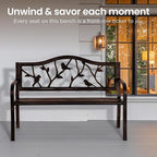 PHI VILLA Outdoor Garden Park Bench Patio 50" Metal Bench, Steel Frame Bench with Backrest and Armrests for Porch, Lawn, Balcony, Backyard and Indoor, Bronze