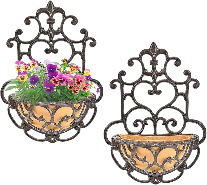 Hanging Planters, 2 Pack Cast Iron Half Round Wall Baskets, Rustic Brown