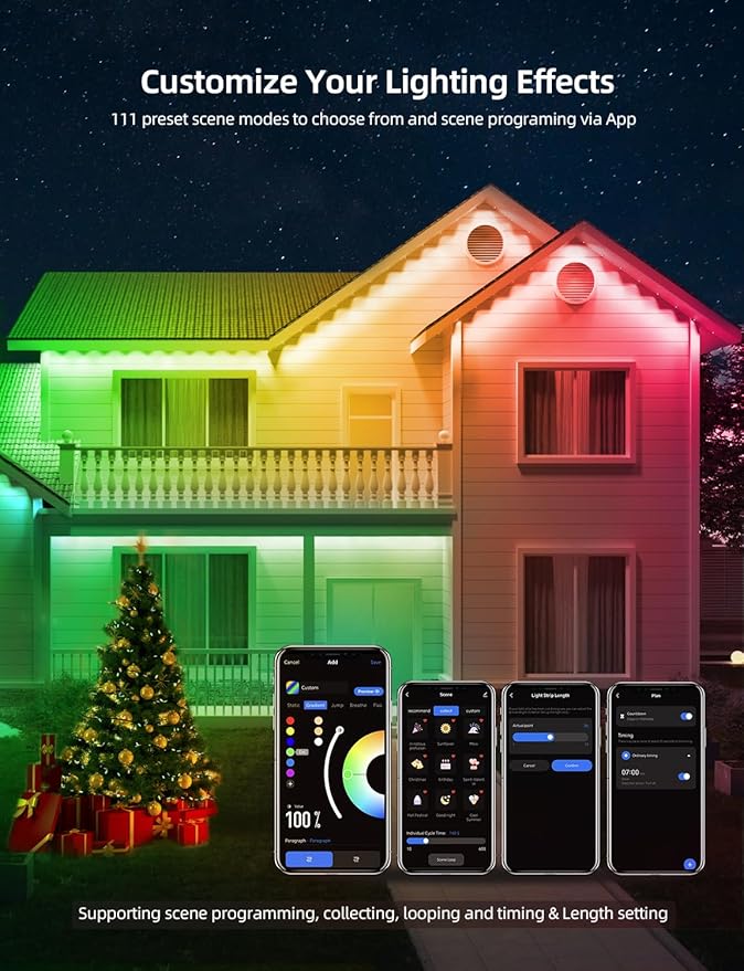 APPECK Permanent Outdoor Lights 50ft with 36 RGBW LEDs, 111 Scene Modes, Eaves Lights with 40lm Warm White, for Daily Holiday House Decor, App/Voice/Remote Control, White