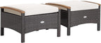 Tangkula 2 Piece Patio Rattan Ottomans, Outdoor Wicker Footstool w/Acacia Wood Handles, Soft Zippered Cushions, 3-in-1 Function Footstool Seat & Side Table for Backyard, Balcony, Poolside (Off White)