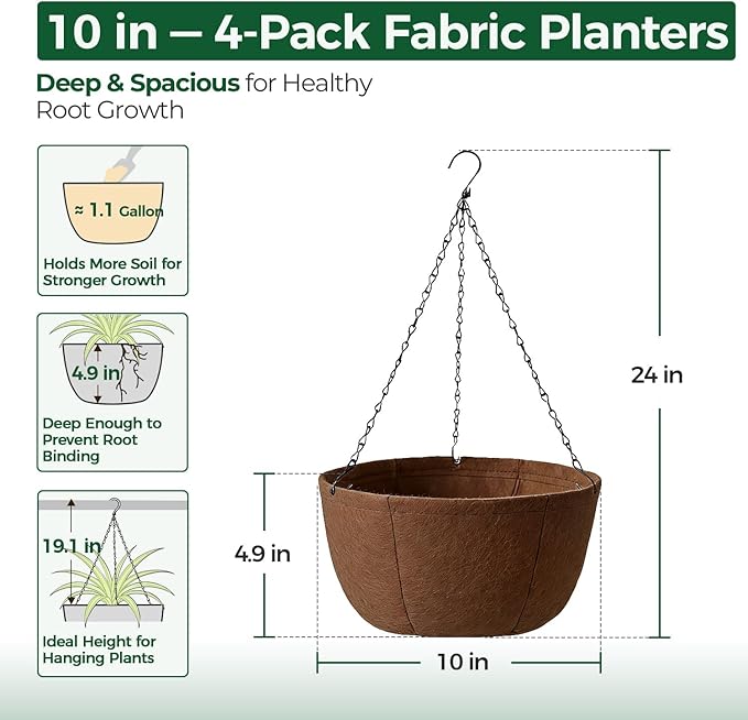 T4U Hanging Planters for Outdoor Plants, 10 Inch 4 Pack Fabric Hanging Baskets with Drainage Tray, Decorative Hanging Pots for Plants Outdoor Patio Porch Garden Use（Brown）
