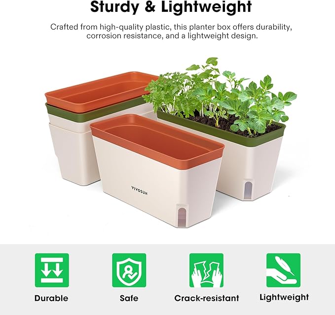VIVOSUN Self-Watering Planters, 8-Pack 10.5 Inch Compact Rectangular Window Herb Planter Box with 10 PCS Plant Labels, Plant Container for Basil, Flowers, Succulents, Indoor & Outdoor