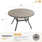 VICLLAX Round Patio Table with Adjustable Umbrella Hole for 6, All Weather Metal Outdoor Dining Table for Lawn Garden, 47.2" Outdoor Coffee Table, Grey Wood-Like Tabletop