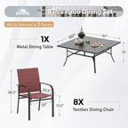 Patio Dining Set for 8, 60" x 60" Square Metal Table with Umbrella Hole, 8 x Stable Dining Chairs, Outdoor Table and Chairs Set for Lawn Backyard and Deck, Red
