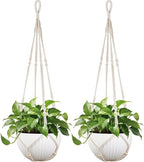 Mkono 43 Inch Macrame Plant Hanger Large for up to 12 Inch Pot Extra Long Hanging Plant Holder No Tassels Hanging Planter Basket with Wood Beads for Indoor Outdoor Boho Home Decor, Ivory, Set of 2
