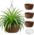 T4U Hanging Planters for Outdoor Plants, 12 Inch 4 Pack Fabric Hanging Baskets with Drainage Tray, Decorative Hanging Pots for Plants Outdoor Patio Porch Garden Use（Brown）