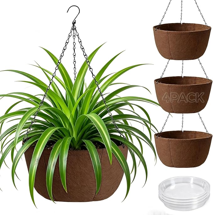 T4U Hanging Planters for Outdoor Plants, 12 Inch 4 Pack Fabric Hanging Baskets with Drainage Tray, Decorative Hanging Pots for Plants Outdoor Patio Porch Garden Use（Brown）