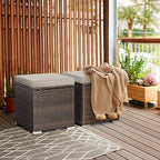 RELAX4LIFE Wicker Outdoor Storage Ottoman, 2-Piece Rattan Footstool w/Removable Cushion, Multipurpose Footrest Stool Side Table Additional Seating, Set of 2 Outdoor Ottomans for Patio Deck (Beige)