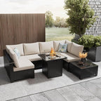 8 Pcs Patio Furniture Set with Fire Pit Table Wicker Outdoor Sectional Sofa, Conversation Set Perfect for Backyard, Garden, Deck (Deep Brown/Beige)