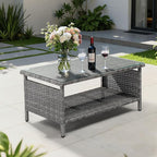 VINGLI Outdoor Wicker CoffeeTable Patio Coffee Tables for Outside, Tempered Glass Top Wicker Table with Storage Coffee Table for Patio Balcony Porch Deck (Gray)