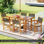 Tangkula 7 Piece Patio Dining Set for 6 People, 63” Outdoor Rectangular Acacia Wood Table with 1.97” Umbrella Hole & 6 Armchairs with Padded Seat Cushions, for Deck Yard and Poolside