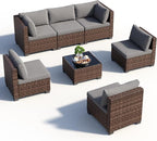 7 Pieces Patio Furniture Set, Outdoor Sectional Rattan Sofa Set, Wicker Patio Conversation Set with Cushions and Glass Coffee Table, for Balcony, Porch, Garden, Grey
