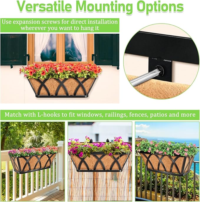 Riare 2 Pack 16 Inch Metal Railing Planter Window Box with Coco Liner- Adjustable Window Flower Boxes for Railings, Hanging Rail Planters for Deck, Balcony, Porch, Fence, Indoor Outdoor Plants