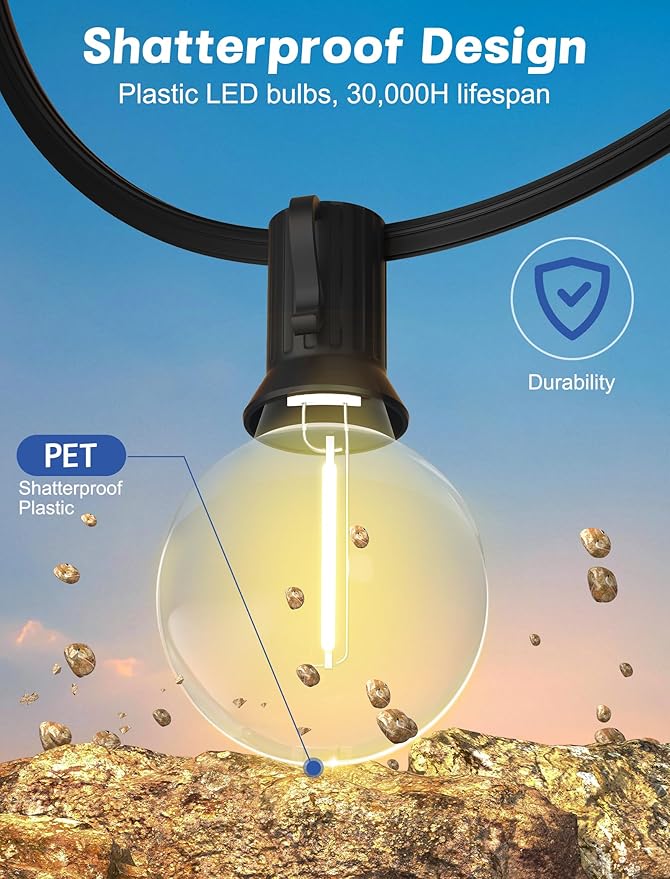 String Lights 25 Ft G40 LED Globes, Warm White, IP44 Waterproof