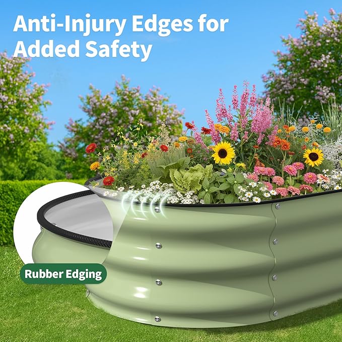 Kesfitt Raised Garden Bed, 4x2x1 FT Galvanized Steel Metal Raised Garden Bed, Oval Open-Bottom Design, 12-Inch Deep for Outdoor Vegetable & Herb Gardening, Fruit Green