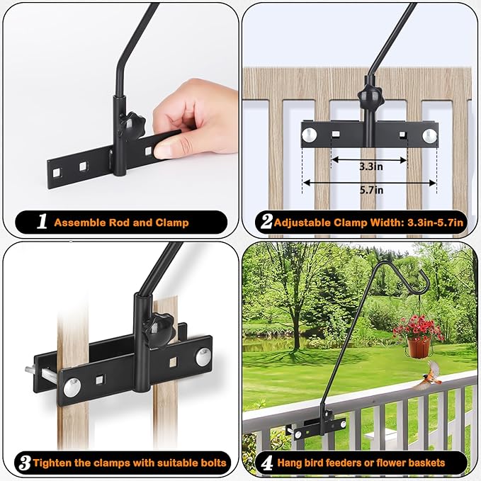 FEED GARDEN 2 Pack 13.5 Inch Deck Hooks for Vertical Railing, Adjustable Deck Bird Feeder Hanger for Hanging Lanterns, Wind Chimes, Flower Baskets, Suet Feeders