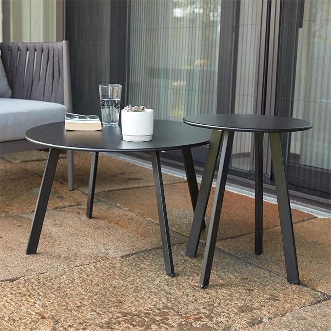 Outdoor Patio Coffee Table Set of 2, Weather Resistant End Table, Round Nesting Tables for Living Room Balcony Office,Black