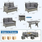 6-Piece Patio Furniture Set, Outdoor Sectional Sofa with Dining Table & Chairs, All-Weather Dining Set with Removable Cushion Covers, Ideal for Garden, Porch, Backyard, Grey