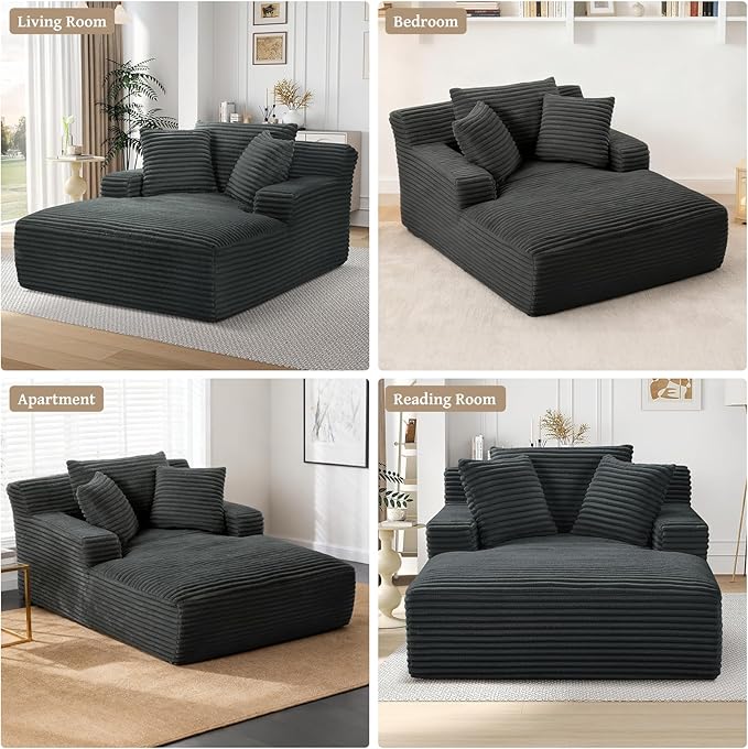 66" Chaise Lounge Chair Indoor, Oversized Boneless Couch Comfy Upholstered Sleeper Sofa Bed with 3 Pillows, Corduroy Cloud Reading Chair for Living Room No Assembly Required, Dark Grey