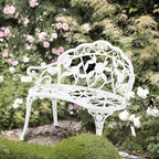 VINGLI 38.5" Patio Park Garden Outdoor Metal Rose Bench, 2-Person Cast Iron Cast Aluminium Frame Antique Finish Chair,Accented Lawn Front Porch Path Yard Decor Deck Furniture (White, Rose)