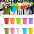6 Inch Hanging Planters for Outdoor Plants, 10 Pack Metal Railing Planter, Rail Balcony Fence Flower Pot with Detachable Hooks, Colorful Garden Decor