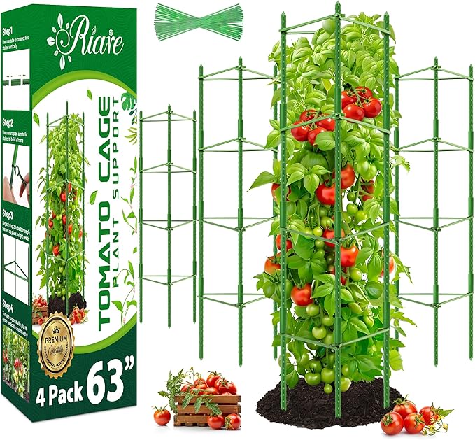 Riare 4 Pack 5.2 FT Tomato Cages for Garden- 63inches Heavy Duty Tomato Stakes and Supports, Adjustable Tall Tomato Plant Support Trellis for Pots, Raised Garden Bed, Climbing Vegetables Plants