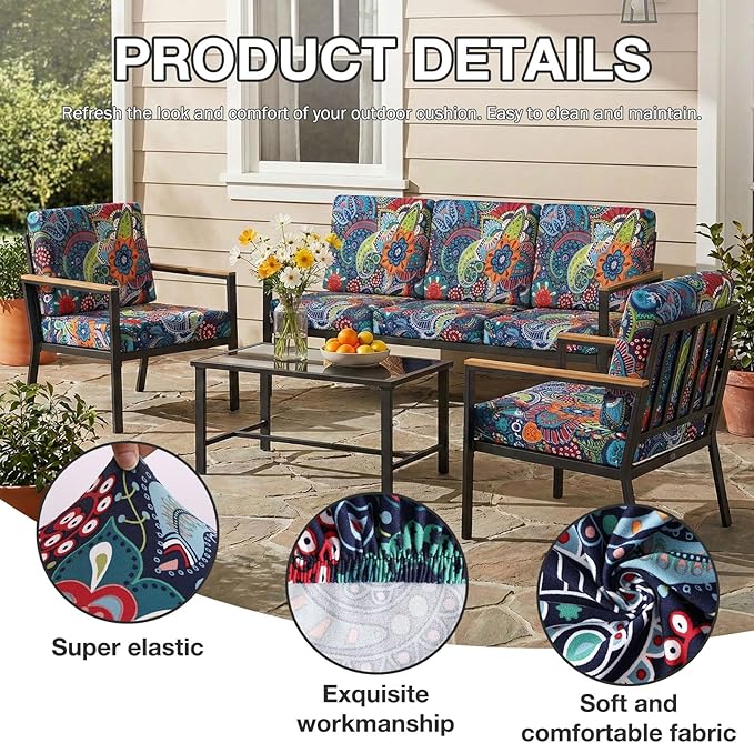 Patio Cushion Covers 14 Piece Stretch Set, Non-Slip Paisley Print