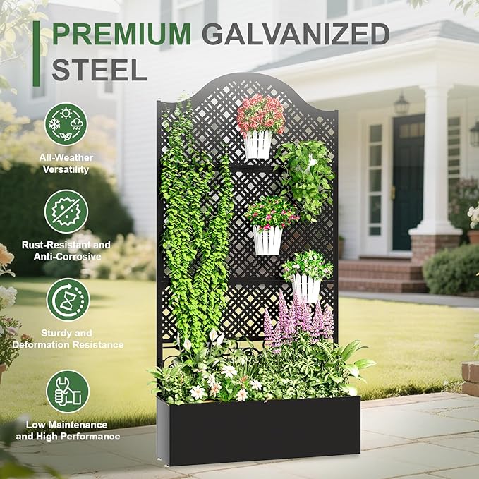 Metal Raised Garden Bed with Trellis & Privacy Screen - 83"x40"x11.8" Freestanding Planter Box for Patio Balcony, Modern Planter with Drainage Holes for Climbing Plants, Flowers & Vegetable