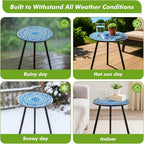 2 Packs Metal Mosaic Round Side Tables 13.4" Small Outdoor Patio Round Accent Coffee Tables Indoor Corner Stand for Small Spaces Weather-Resistant for Balcony, Porch Plant Stands Indoor, Blue Mosaic