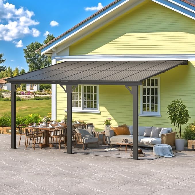 AECOJOY 10' x 14' Adjustable Height Outdoor Lean to Gazebo Pergola for Patio, Large Wall-Mounted 6.5-9.8 Ft Hard Top Metal Heavy Duty Metal Awnings Shelter Pergolas and Gazebos Clearance with Roof
