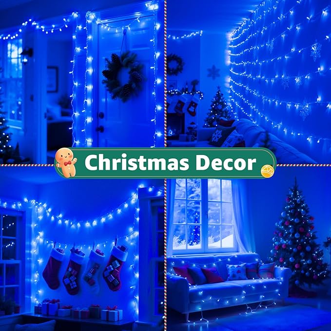 String Lights 196 ft Blue LED Outdoor Remote Timer