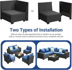 Jing's Villa 6-Piece Patio Furniture Set, All-Weather Outdoor Wicker Sectional Sofa with Cushions, Glass Table & Left and Right Armrest, Rattan Conversation Seating for Porch, Garden, Backyard,Navy