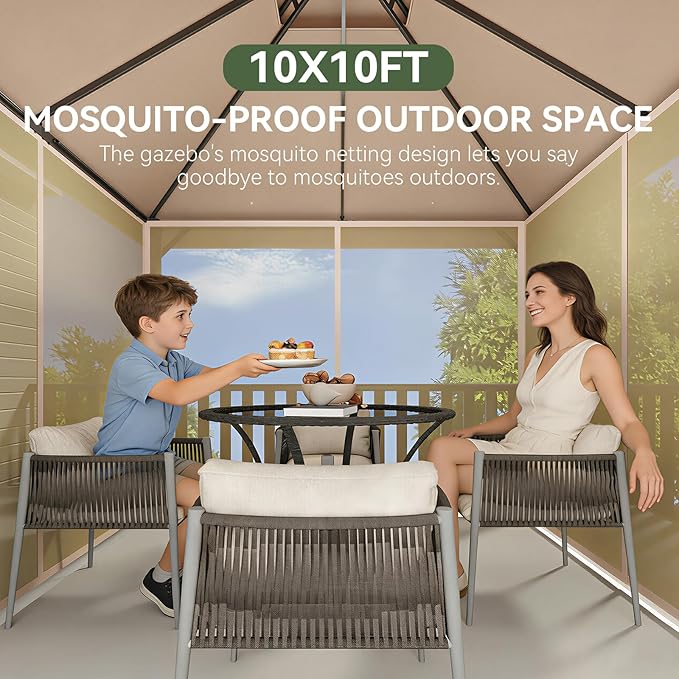 Aoxun Outdoor Gazebo for Patio 10x10 Metal Frame Canopy with Double Roofs Heavy Duty Party Tent and Shelter with Mosquito Netting and Privacy Screen for Backyard, Lawn, Garden, Deck (Khaki)