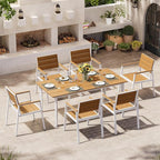 67"*32.3"*29.5" Patio Dining Table, Seamless Rectangle Aluminum + HDPS Outdoor Patio Dining Table with Umbrella Hole, Weather-Resistant for Lawn, Garden, Yard and Indoor Use (White & Teak)