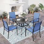 5 Piece Patio Dining Set for 4, 37”x37” Square Table with Umbrella Hole and 4 Metal Blue Chairs, Outdoor Table and Chairs Set for Lawn Backyard and Deck