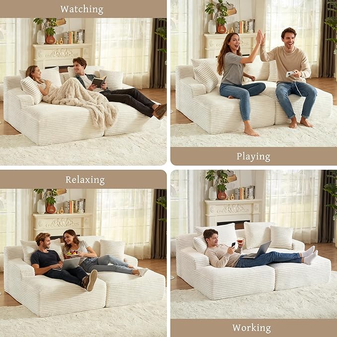 80" Double Chaise Lounge Chair Indoor, Oversized Boneless Couch Comfy Upholstered Sleeper Sofa Bed with 4 Pillows, Corduroy Cloud Loveseat Chair for Living Room No Assembly Required, White