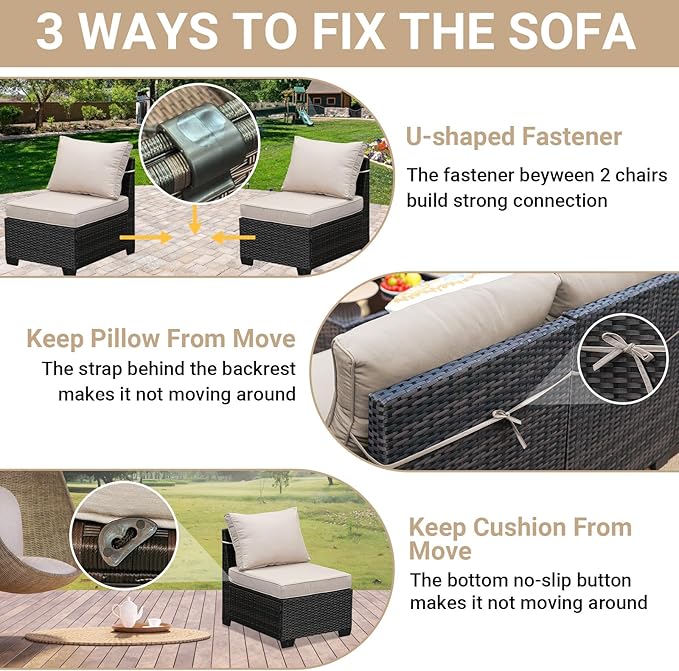 Jing's Villa 7-Piece Patio Furniture Set, All-Weather Outdoor Wicker Sectional Sofa with Cushions, Tempered Glass Table & Ottoman, Rattan Conversation Seating for Porch, Garden, Backyard,Beige