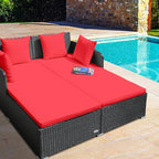 RELAX4LIFE Rattan Patio Outdoor Daybed, Wicker 2-Person Sunbed Loveseat with Soft Cushions, 4 Pillows, Curved Backrest & Armrest, Double Bed Lounger Sofa Set for Balcony Porch, Patio Bed (Red)