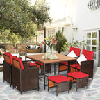 Tangkula 9 Pieces Acacia Wood Patio Dining Set, Space Saving Wicker Chairs and Wood Table with Umbrella Hole Outdoor Furniture Set, Suitable for Garden, Yard, Poolside, Outdoor Seating Set
