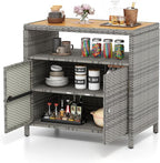 Tangkula Rattan Outdoor Storage Cabinet, Patiojoy Outdoor Cabinet with Acacia Wood Countertop, Open Compartment, 2-Door Wicker Sideboard, Outdoor Bar for Patio Garden Backyard Poolside (Mix Grey)