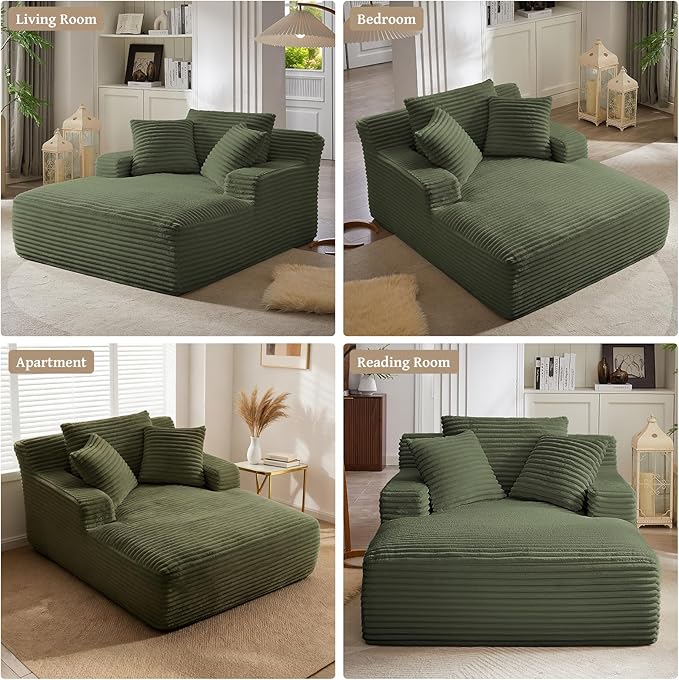 66" Chaise Lounge Chair Indoor, Oversized Boneless Couch Comfy Upholstered Sleeper Sofa Bed with 3 Pillows, Corduroy Cloud Reading Chair for Living Room No Assembly Required, Green
