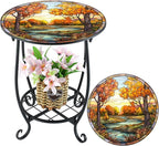 Outdoor Side Table Round Small Mosaic Patio Accent Indoor End Plant Coffee Tea Table for Yard Patio Porch Garden Living Room, Bedroom(Fall Style,14 Inch)